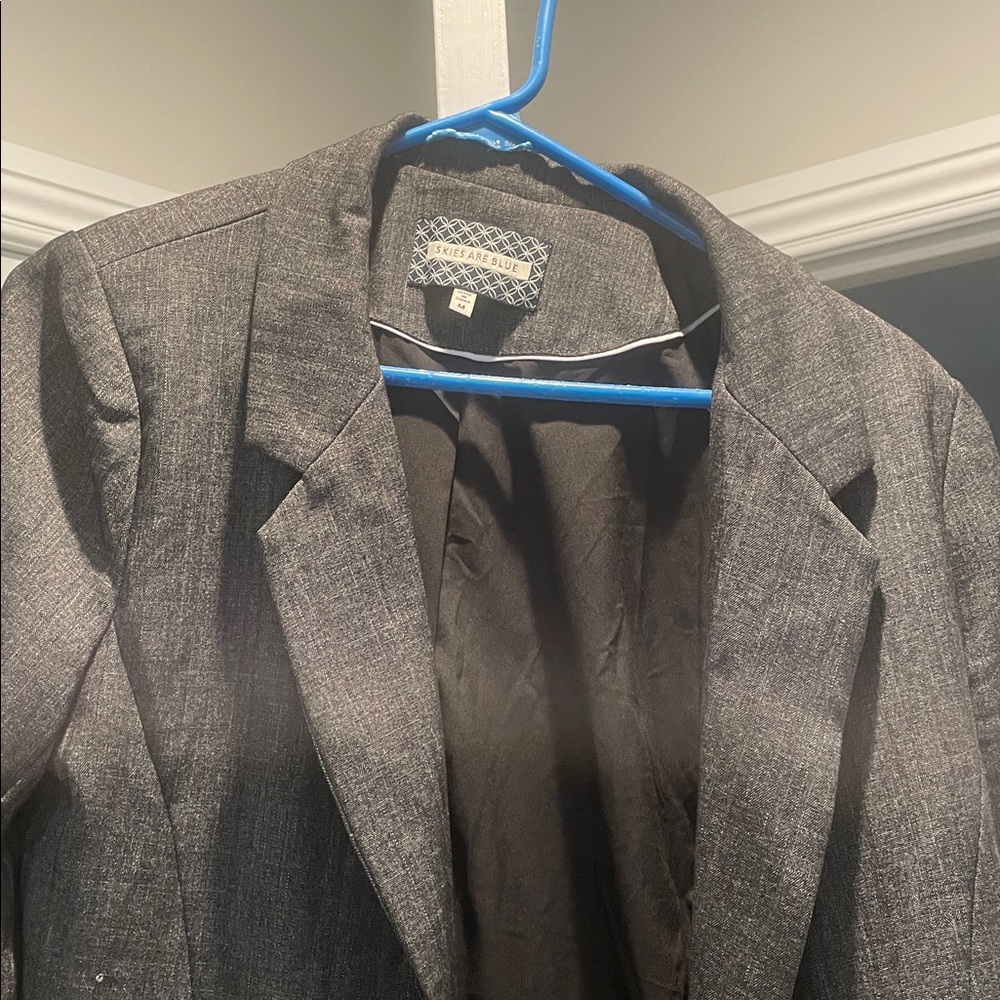 Skies are Blue Blazer Medium Gray Ruched Sleeves Open Front Office Business